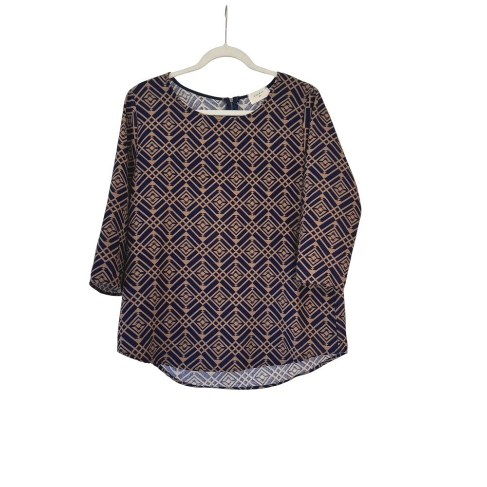 Everly Navy Blue Tan Geometric Diamond Print 3/4 Sleeve Zipper Back Blouse L